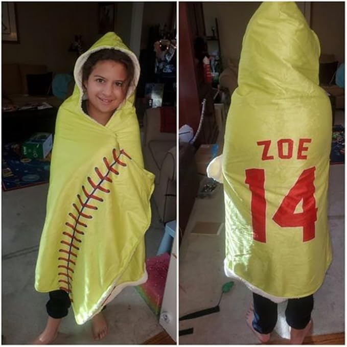 Personalized Softball Hooded Blanket Game Day Custom Hooded Fleece Blanket with Name Softball Wearable Throw Blanket University Team Blanket Gift for Sports Fans Kids Adult Graduation, Yellow