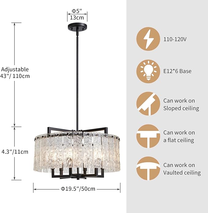 Shrine Lighting Crystal Chandeliers, Modern Luxury Style, Perfect Pendant Light Fixture for Living Space, D20'' × H4'', Adjustable 43'', 6 x E12 Sockets, Glass Shade & Black Finish Frame