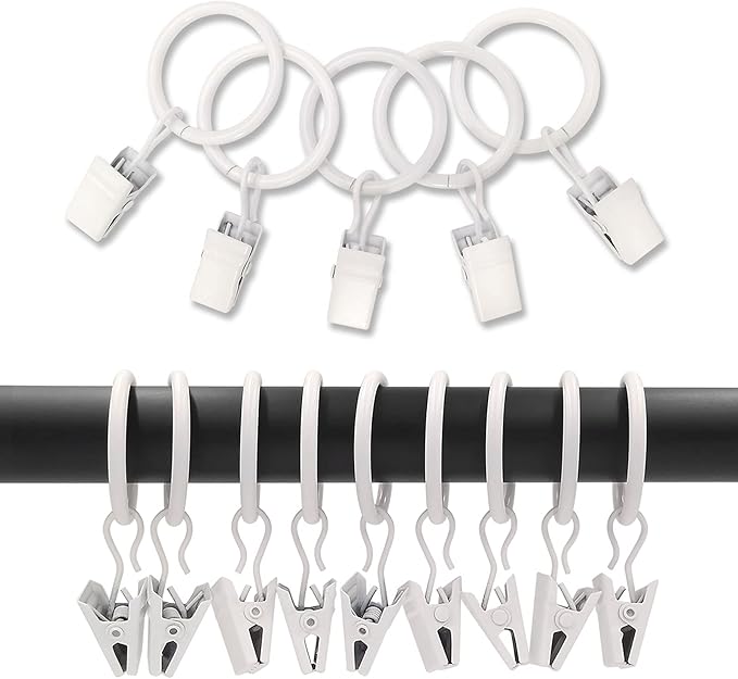 100 Pack Curtain Rings with Clips, Curtain Clip Rings Hooks, Bow Hanger Clips for Hanging Drapery Drapes Bows, Ring 1 inch Interior Diameter, Fits up to 5/8" Rod, White