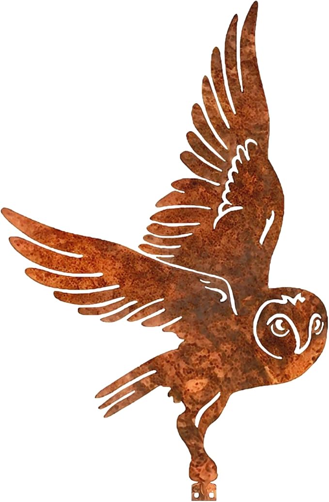 Rusty Metal Owl Garden Ornament - Flying Owl Statue for Outdoor Decor, Fence Decoration with Mounting Screws, Vintage Rustic Bird Sculpture for Yard, Patio & Lawn