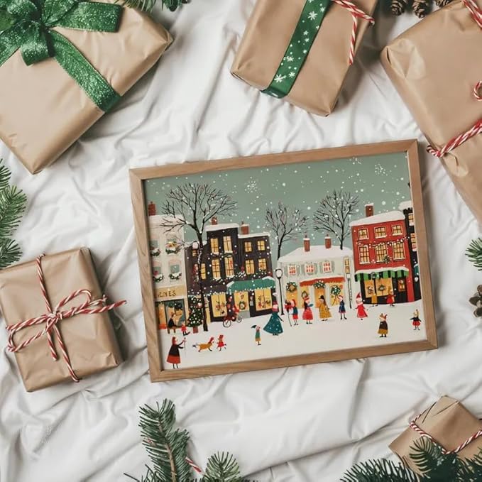 OZCONO Retro Christmas Village Art, Festive Winter Town Decor, Cheerful Holiday Home Accent, Snow Noel Print, Charming Seasonal Wall Artwork for Cozy Interior Style (Unframed) (24x36)