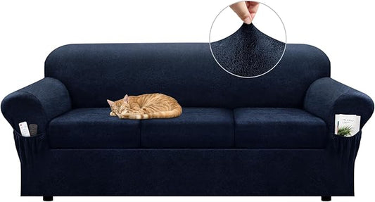Sofa Slipcover with Armrest Pockets 4-Piece Set, Stretch Faux Leather Couch Cover for 3-Cushion Couches(Fits 72-92") - Non-Slip, Machine Washable, Pet & Kid Friendly - Navy