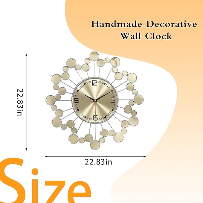 Silver 23" Wall Clock Decor Silent Battery Operated, Modern Metal Decorative Clock for Living Room Bedroom Office
