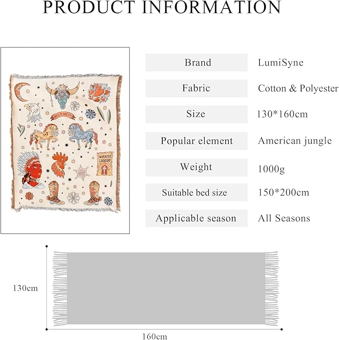 Double-Sided Cotton Woven Throw Blanket with Tassel Jungle Bohemian Style Tapestry Shawl Multi-Function Decorative Throws for Sofa Bed Armchair Camping Blanket Tablecloth Carpet 160x130cm