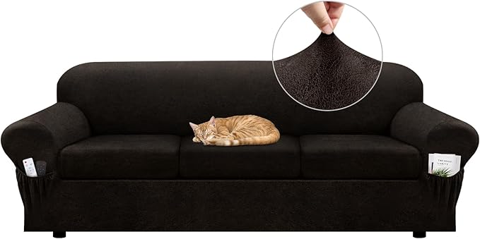 Sofa Slipcover with Armrest Pockets 4-Piece Set, Stretch Faux Leather Extra Large Couch Covers for 3-Cushion Couches(Fits 98-112") - Machine Washable, Pet & Kid Friendly - Coffee