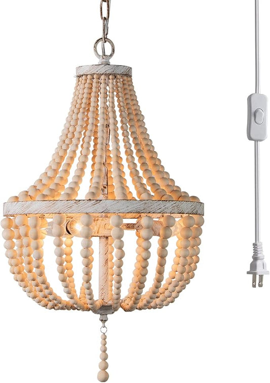 3-Light Mini Wood Beaded Boho Plug in Chandelier Dimmable and Timer Pendant Light Fixture with Swag Cord Antique Metal Finish Natural Color Beads for Dining Room Girls Bedroom Living Room Foyer