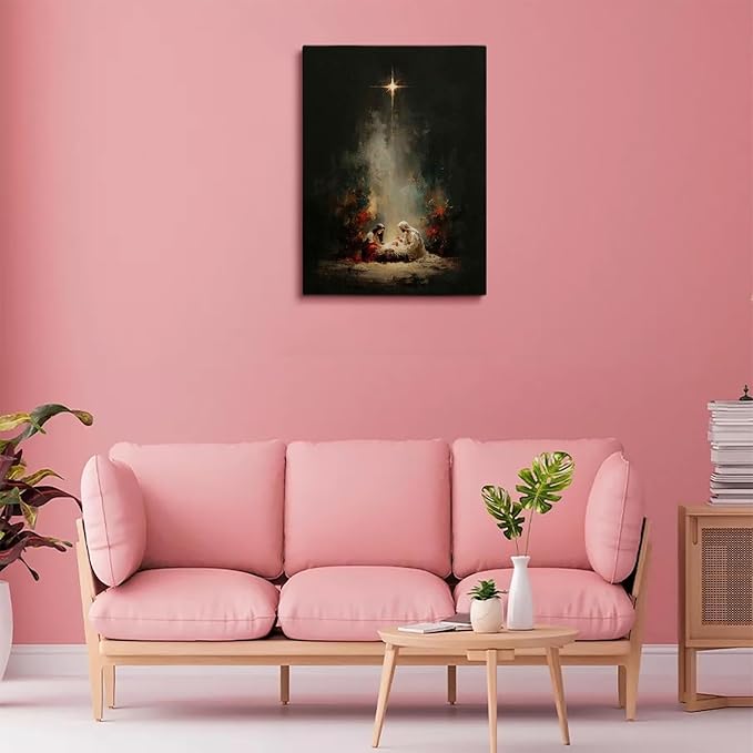 Holy Family Portrait Nativity Print Painting,Bethlehem Night Scene,Christmas Starry Night Nativity Scene Wall Art,Religious Canvas Print,Christian Home Decor