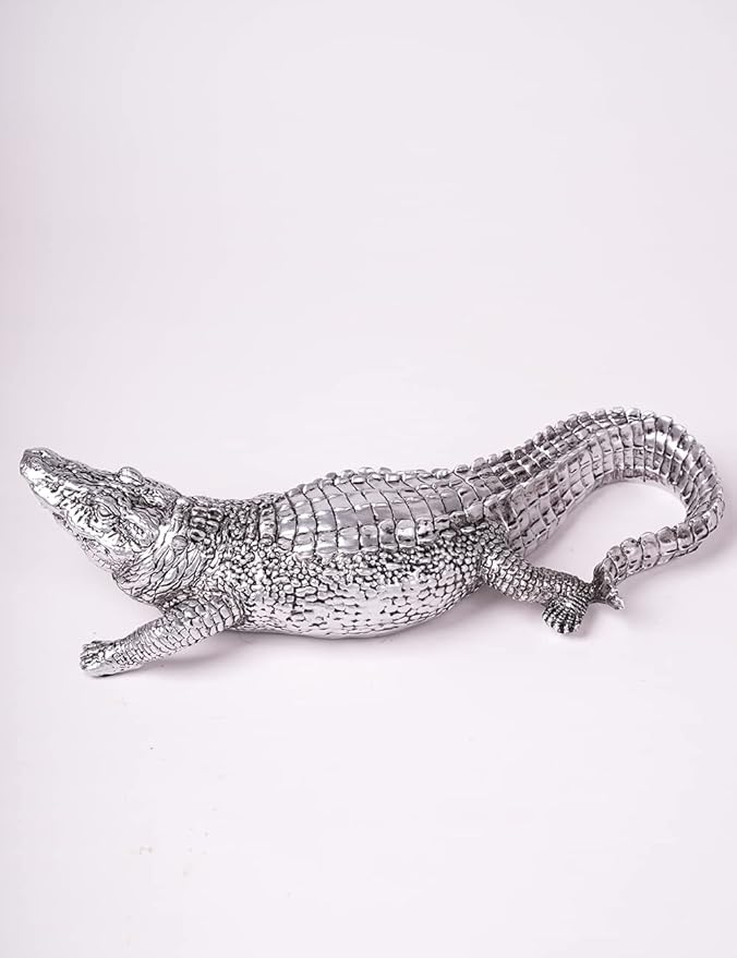HAUCOZE Crocodile Sculpture Statue Animal Figurine Geometric Decor Polyresin Silver 14 inch