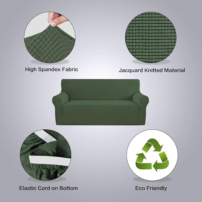 H.VERSAILTEX Stretch Couch Covers for Sofa 1 Piece Slipcovers for Couches 3 Seater Couch Cover Feature Thick Checked Jacquard Fabric with Elastic Bottom(Large Sofa 90"-100" Wide, Bronze Green)