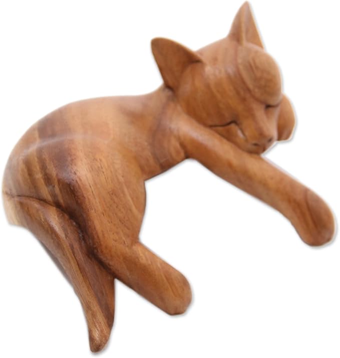 NOVICA Handmade Suar Wood Sculpture | Artisan Crafted Natural Finish | Rustic Home Decor Accent | Carved Arborvitae | Animal Themed ' Relaxed Cat' 4.7" H x 6" W x 3.1" D