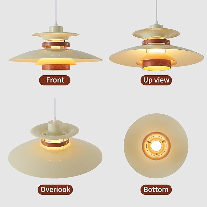Modern Decor Adjustable Pendant Lamp Kitchen Island, Aluminum and Wood Finish,1-Light E26 Base Ceiling Hanging Light for Dining Room Shop Restaurant (Beige+Dark Wood Grain, 35cm)