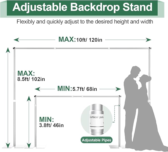 Heavy Duty Backdrop Stand, 8.5ft x 10ft Pipe and Drape Backdrop Stand Kit with Metal Flat Base, Adjustable Background Support System for Wedding Party Birthday Photoshoot Decoration - Silver