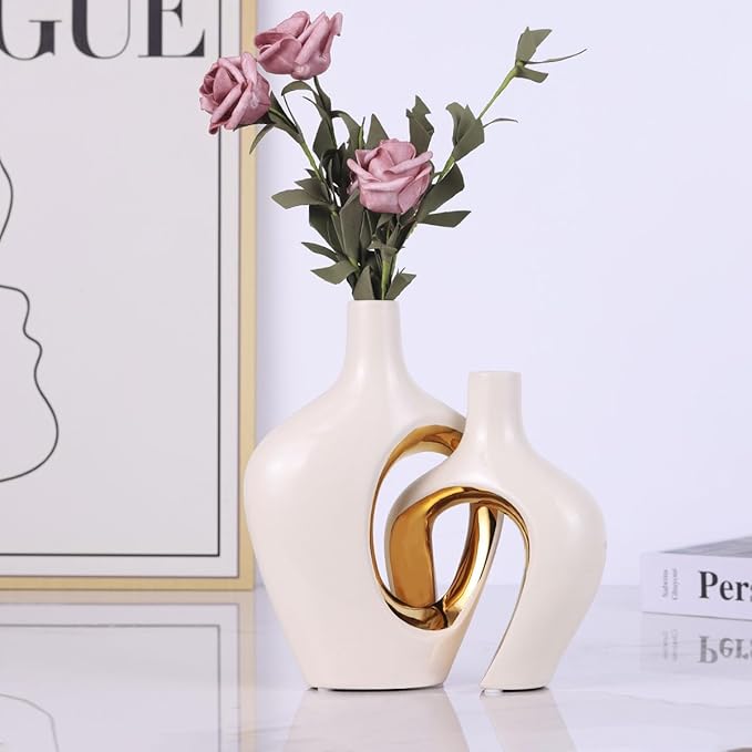 White and Gold Ceramic Vase Set of 2 - Nordic Boho Minimalist Design for Home Decor, Modern Donut & Hollow Style for Living Dining Room, Bedroom, Office - Decorative Pampas Grass &Flower Centerpiece