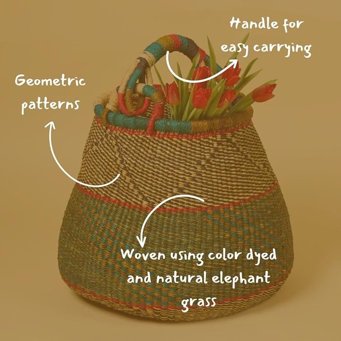Home & Kitchen Decor, Wicker Basket, Picnic Basket, Living Room Basket, Organizing, Harvesting, Foraging, Fruit Storage, Hand Woven, Pot Shape, 16" Wide, Boho - Dark Green, Red