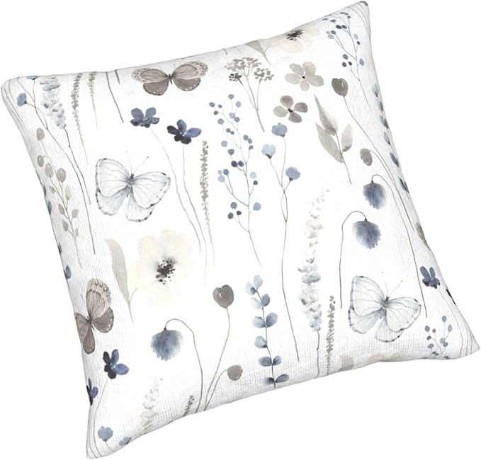 Floral Spring Pillow Covers 20x20 Inch Set of 2 Gray Blue Watercolor Herbs Throw Pillow Cover Floral Butterfly Square Pillowcase Cushion Cases for Home Couch Bed Sofa