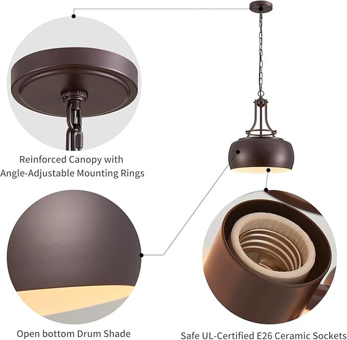 WUZUPS Chandelier Rustic Farmhouse Industrial Round Ceiling Pendant LED Light Fixture with Open Bottom Drum Shade, H 15.7" x W 13.4", Metallic Orb