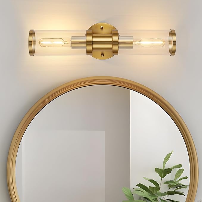 17.5 inch Gold Wall Sconces, Modern Wall Sconces Lighting with Clear Glass Shade, 2-Light Gold Vanity Light Wall Lamp for Mirror Bathroom Kitchen Living Room