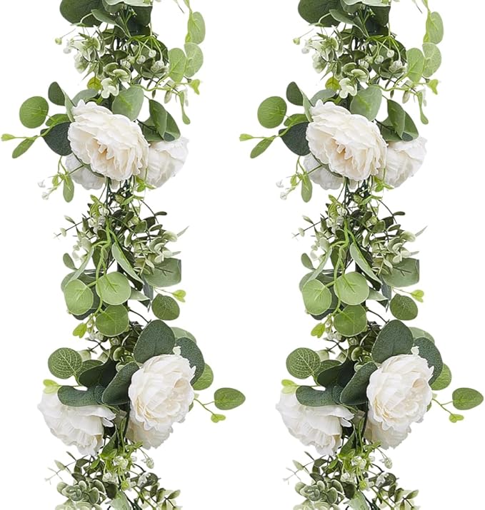 6Pcs x 6Ft Eucalyptus Garland with Flowers, Faux Greenery Garland Vines, Artificial Flower Garlands for Wedding Table Backdrop Arch Wall Party Ceremony Decorations