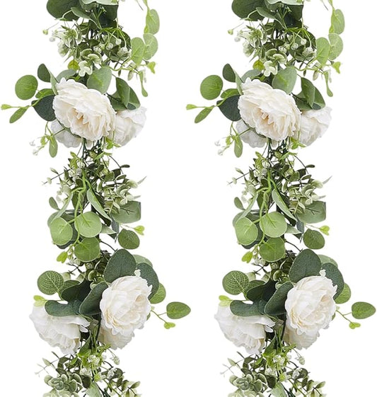 6Pcs x 6Ft Eucalyptus Garland with Flowers, Faux Greenery Garland Vines, Artificial Flower Garlands for Wedding Table Backdrop Arch Wall Party Ceremony Decorations