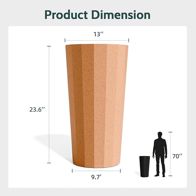 2PCS Tall Planters for Outdoor Plants, 23.6 Inches Large Outdoor Conical Flower Pots for Porch with Drainage Holes and Drainage Baffle, Tapered Large Planters for Garden, Balcony Clay Color