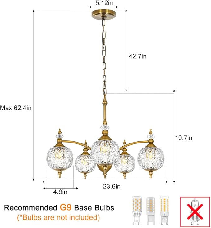 Vintage Brass Chandelier - Adjustable Height Dining Room Light Fixture with Handcrafted Blown Glass - 5-Light E26 Base, Ideal for Kitchen, Entryway, Bedroom, Enhances Luxury Home Decor for Discerning