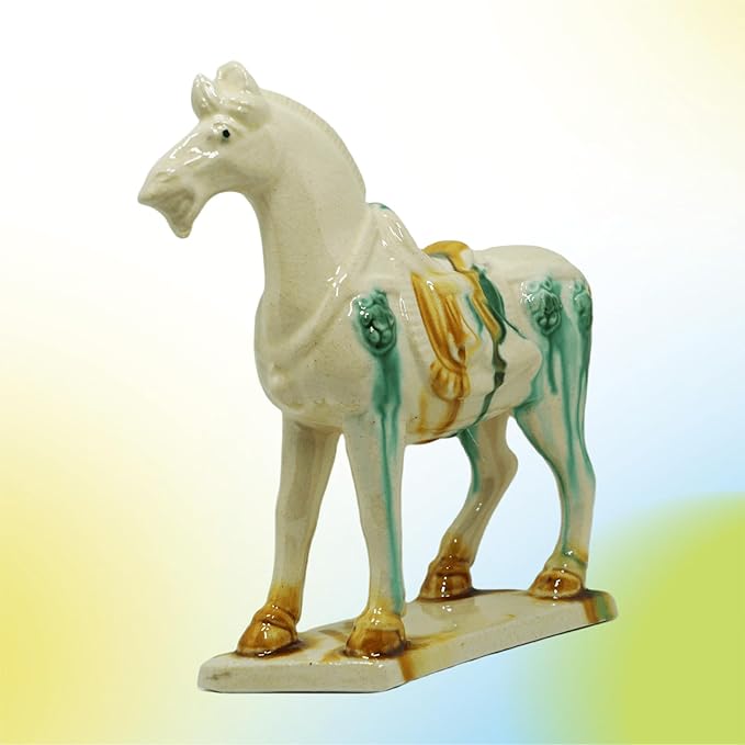 Handmade -Tang Dynasty Tri-Color Horse Sculpture Ceramic Horse-19cm Cultural Art Piece for Home,Bookcase or Office Decor (Ivory)