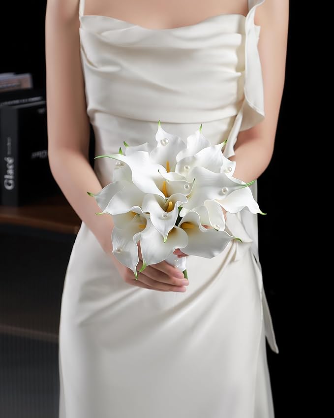 Round Bridal Bouquet:16 Stems White Calla Lily Pearl Bouquet EVA Real Touch-Wedding Bouquet for Bride/Bridesmaid