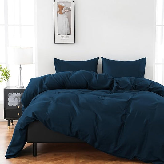 100% Organic Cotton California King Duvet Cover 400 Thread Count Percale 104x98 Inches Sateen Comforter Cover Soft and Breathable Bedding Set 3 Piece（Navy,Cal King）
