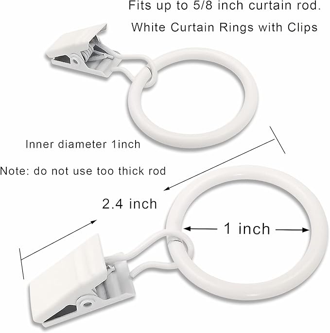 44 Pack Metal Curtain Rings with Clips, Drapery Clips with Rings, Drapes Rings 1 inch Inner Diameter, Fits Diameter 5/8 inch Curtain Rods, White