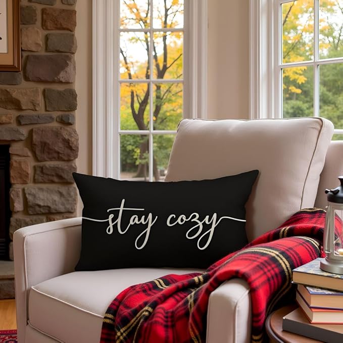PANDICORN Black and White Pillow Cover 12x20 Inch, Stay Cozy Modern Farmhouse Lumbar Decorative Cushion Case for Couch Sofa or Bed, Minimalist Living Room or Entryway Home Decoration Accent