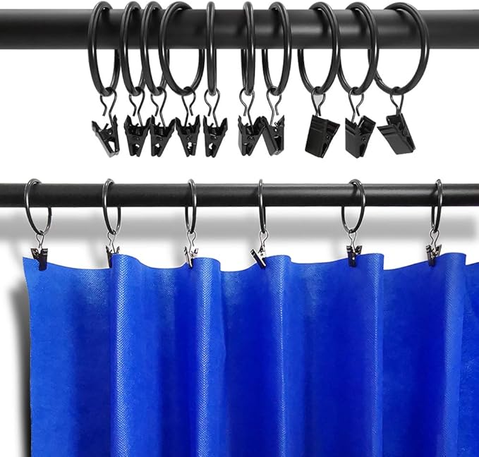 40 Pack Metal Curtain Rings with Clips, Curtain Clip Rings Hooks for Hanging Drapery Drapes Bows, Curtain Rod Rings 1.5 inch Interior Diameter, Black
