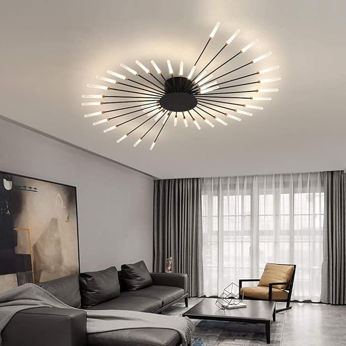 JAYMP Ceiling Light Modern Flower Shape Ceiling Lamp for Living Room Dining Room Flush Mount Metal Acrylic Sputnik Firework Petal LED Lighting Fixture (Matte Black, 42 Lights)
