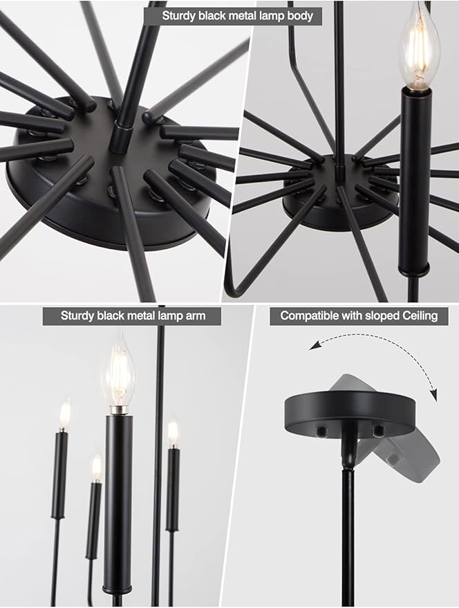 Modern Farmhouse Black Chandelier, 12-Light Rustic Candle Chandelier, Industrial Hanging Chandeliers for Dining Room, Living Room, Kitchen, Foyer, Entryway