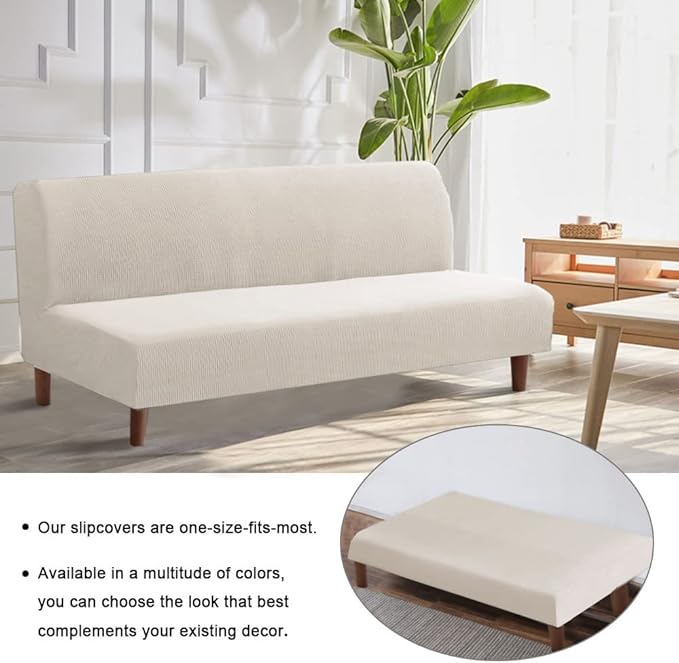 Flamingo P Stretch Armless Futon Covers - Full Queen Futon Couch Covers Slipcover - Soft Thick Jacquard Washable, Ivory