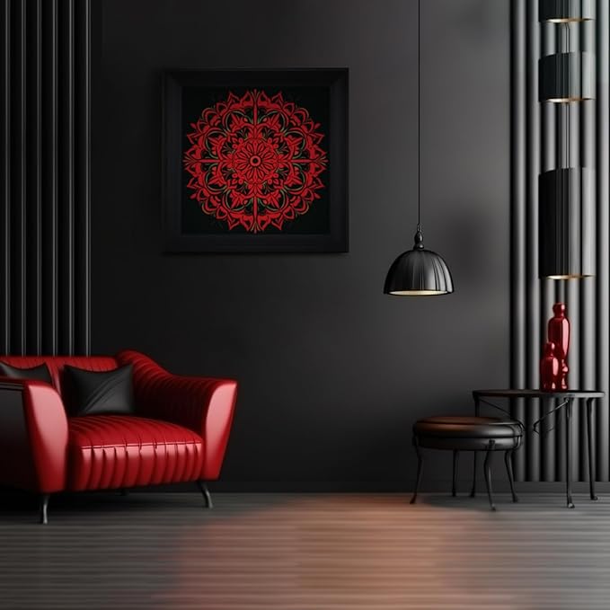 Brivoria Mandala Wall Art Home Decor, Large Framed Red Ember Glow Mandala Artwork, Modern Spiritual Energy Wall Decor for Living Room Office Entryway or Meditation Space, Warm Statement Display, 20x20