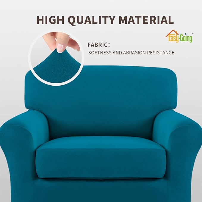 Easy-Going 2 Pieces Fleece Stretch Chair Sofa Slipcover Washable Sofa Couch Cover, Spandex Soft Fitted Furniture Protector, Kids, Pet, Dog (Chair, Peacock Blue)