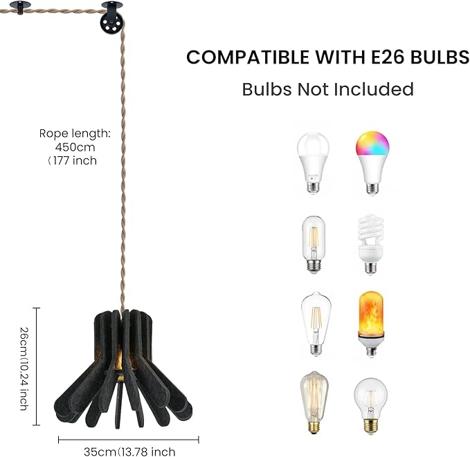 Pendant Light with Felt Lampshade, Modern Hanging Lamp Fixture, DIY Acoustic Plug-in Pendant Light for Kitchen Island, Living Room, Dining Room, Bedroom, Office (D13.7"x10.2")