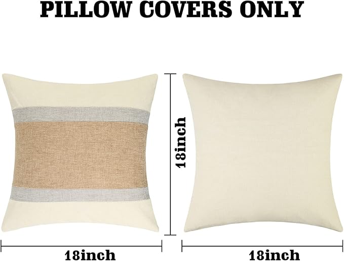 Pyonic Pack of 2 Boho Pillow Covers Farmhouse Decorative Square Pillowcases for Couch Sofa Living Room Outdoor Decor,Cream White and Grey,18 x 18-Inch