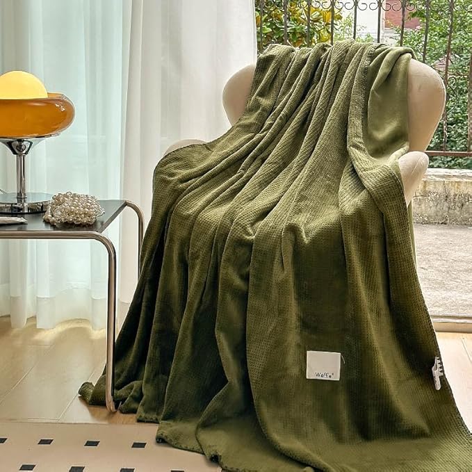 Luxury Super Soft Milk Flannel Velvet Waffle Weave Bed Twin Blanket for Couch Sofa Travel Picnics - Pet Cats Feeling - Nordic Modern Aetec Style - Lightweight Cozy Fluffy Comfy - Olive Green 60"x80"