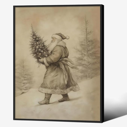 Santa Claus Sketch Poster Vintage Christmas Tree Wall Art 08x10 inch Black Framed Antique Winter Landscape Canvas Pictures Cozy Holiday Wall Decor