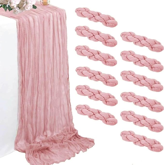 12 Pack Pink Cheesecloth Table Runners 35 x 120 Inch – Rustic Boho Gauze Table Runner for Wedding Arch, Party Decoration, Bridal Shower, Reception, Farmhouse Dining Decor