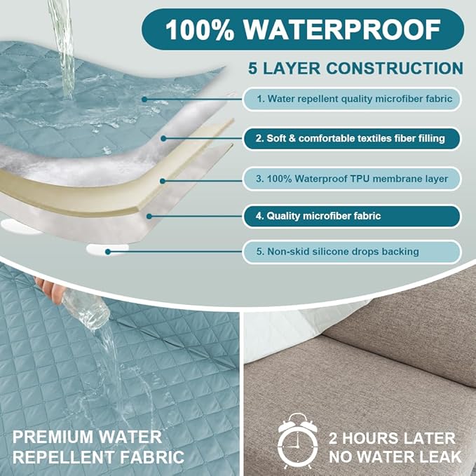 Turquoize 100% Waterproof Futon Cover Futon Slipcover Washable Armless Sofa Bed Slipcover Protector Seat Width Up to 70" with Adjustable Elastic Strap Anti-Slip for Dogs, Stone Blue