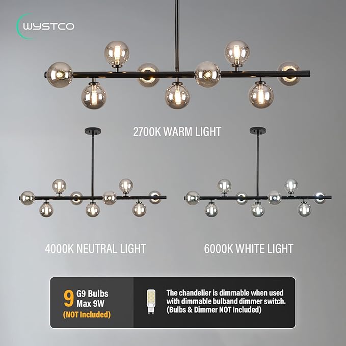 Mid Century Modern Globe Sputnik Chandelier, 9-Light Linear Chandeliers for Dining Room and Kitchen Island, Dining Light Fixture Over Table, Black and Smoke Grey Glass Bubble, 40 Inch
