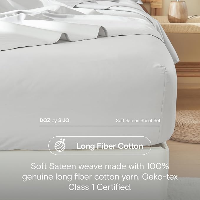 DOZ 100% Long Staple Cotton Duvet Cover Set, Soft Sateen Weave, Smooth, Breathable, Hotel Comfort, 106"x90", 8 Loops, 3pc – 2 Pillowcases 1 Duvet Cover (Dove, King/Cal King)