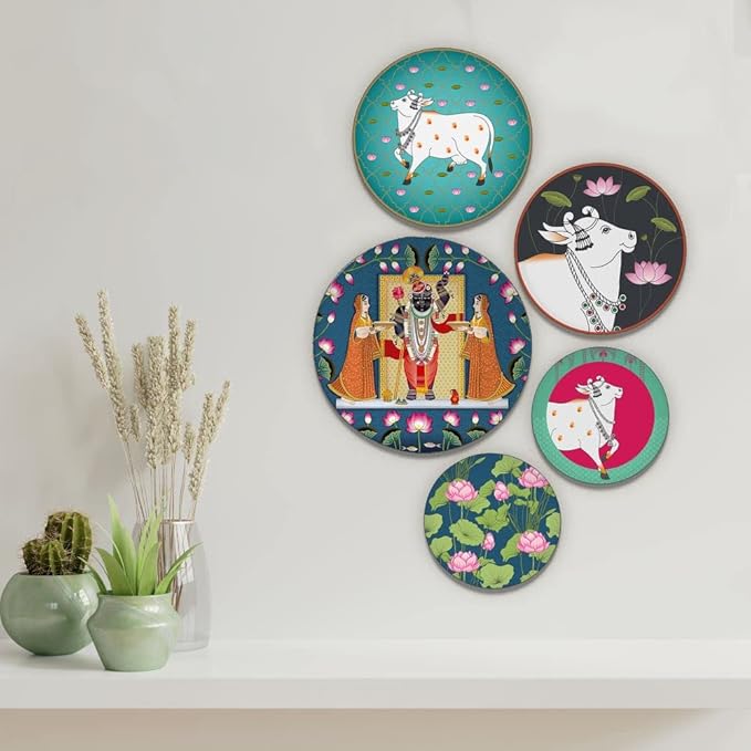 RITUALISTIC Pichwai Iron Wall Art Plates – Set of 5 Decorative Plates | Indian Wall Art for Home Decor | Wall Decor for Living Room & Bedroom | Handcrafted Metal Wall Hanging | Christmas gifts