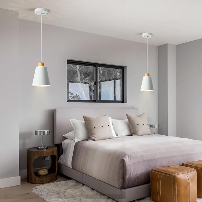 White Pendant Light Kitchen Island Wood Pendant Lighting Mini Modern Hanging Light Small Pendant Light Fixture for Dining Room,Bar,Bedroom,Adjustable Cord,5.94 inch,1 PCS