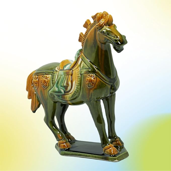 Handmade -Tang Dynasty Tri-Color Horse Sculpture Ceramic Horse-19cm Cultural Art Piece for Home,Bookcase or Office Decor (Grass Green)