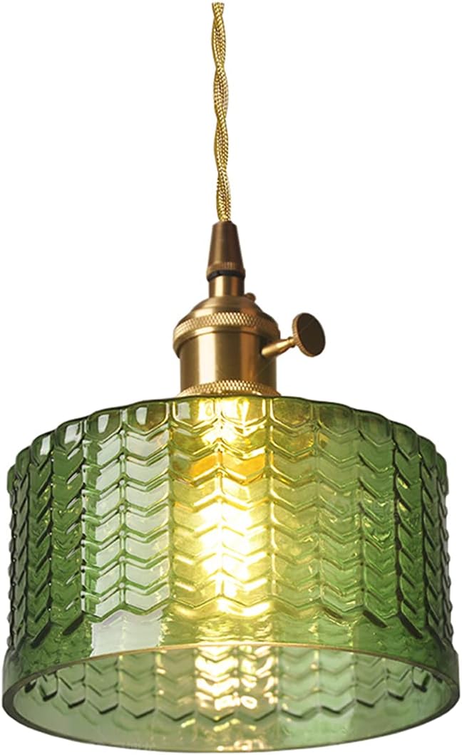 Vintage Pendant Light Fixtures, Brass Socket with ON/Off Switch and Green Glass Lamp Shade Pendant Light for Kitchen Island Farmhouse Living Room (Green,Scaly)