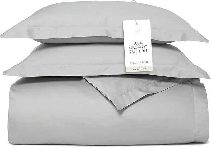 BOLL & BRANCH Signature Hemmed Duvet Set - King/Cal King, Shore - Luxury 100% Organic Cotton - 1 Duvet Cover, 2 Shams - Buttery Soft, Hidden Closures