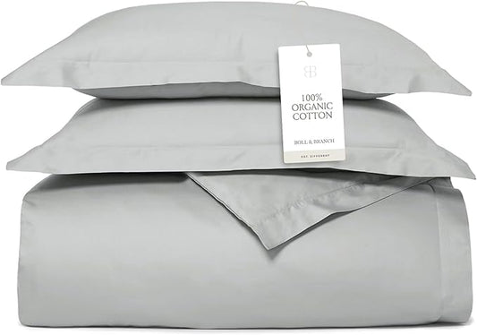 BOLL & BRANCH Signature Hemmed Duvet Set - King/Cal King, Shore - Luxury 100% Organic Cotton - 1 Duvet Cover, 2 Shams - Buttery Soft, Hidden Closures
